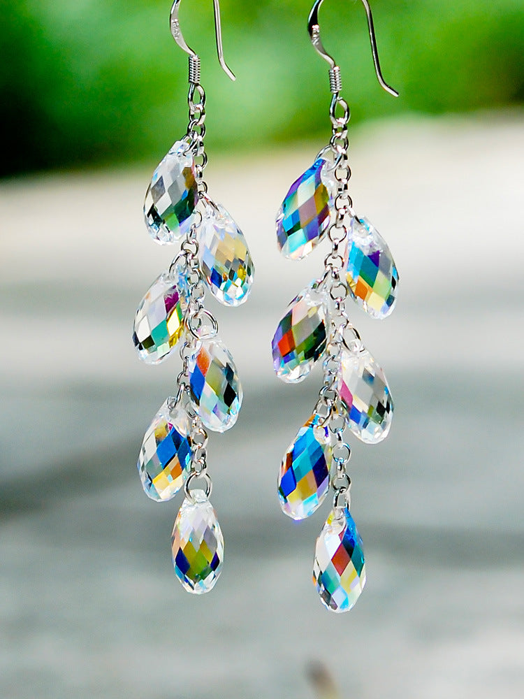 Wholesale Pearl Curtain Silver Needle Crystal Long Water Drop Tassel Earrings